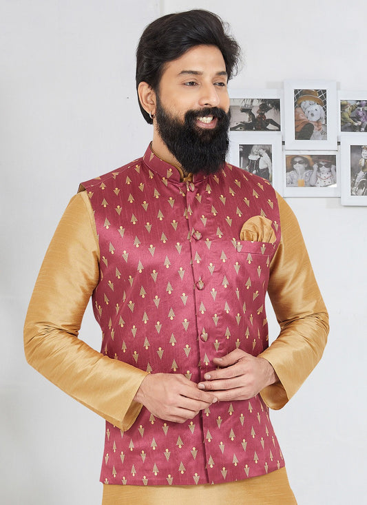 Printed Banarasi Silk Pink Nehru Jackets - M7498