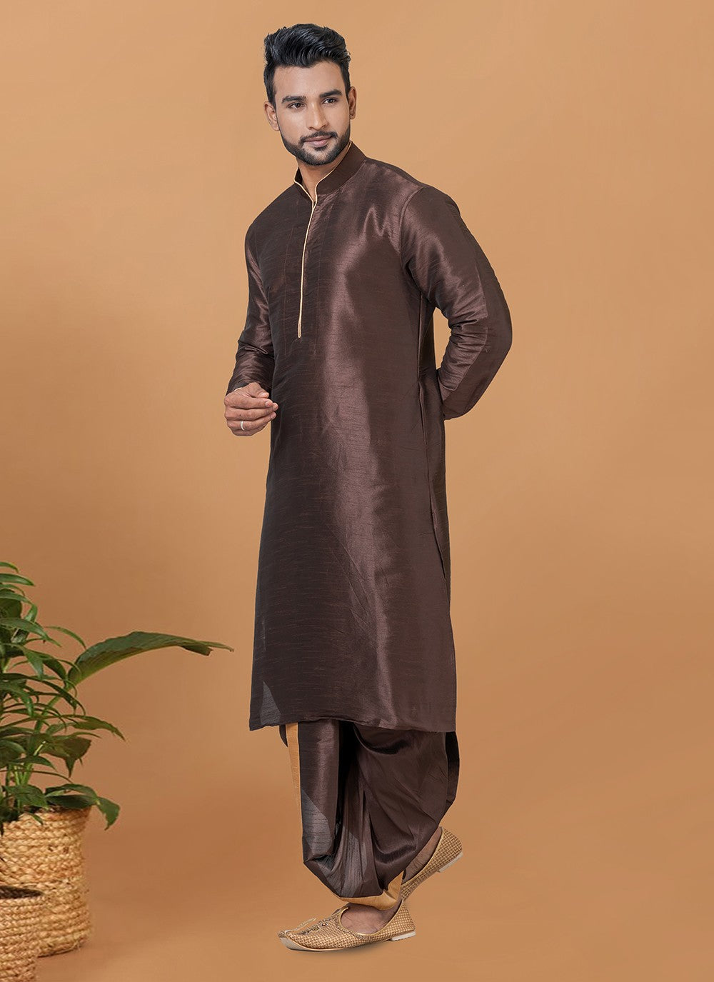 Plain Banarasi Silk Brown Dhoti Kurta - M5948
