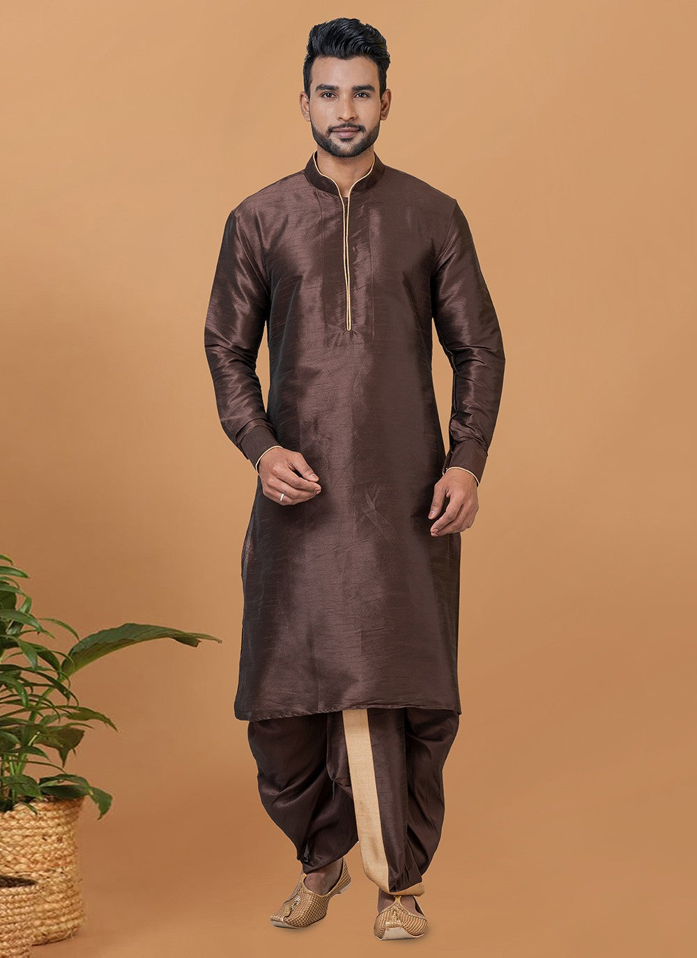 Plain Banarasi Silk Brown Dhoti Kurta - M5948
