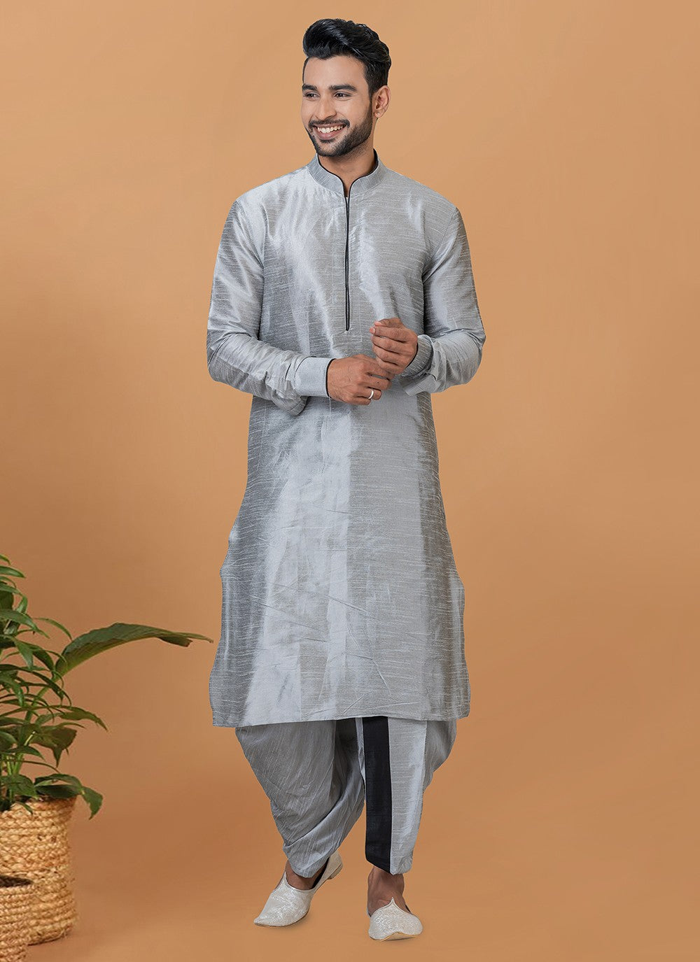 Plain Banarasi Silk Grey Dhoti Kurta - M5950