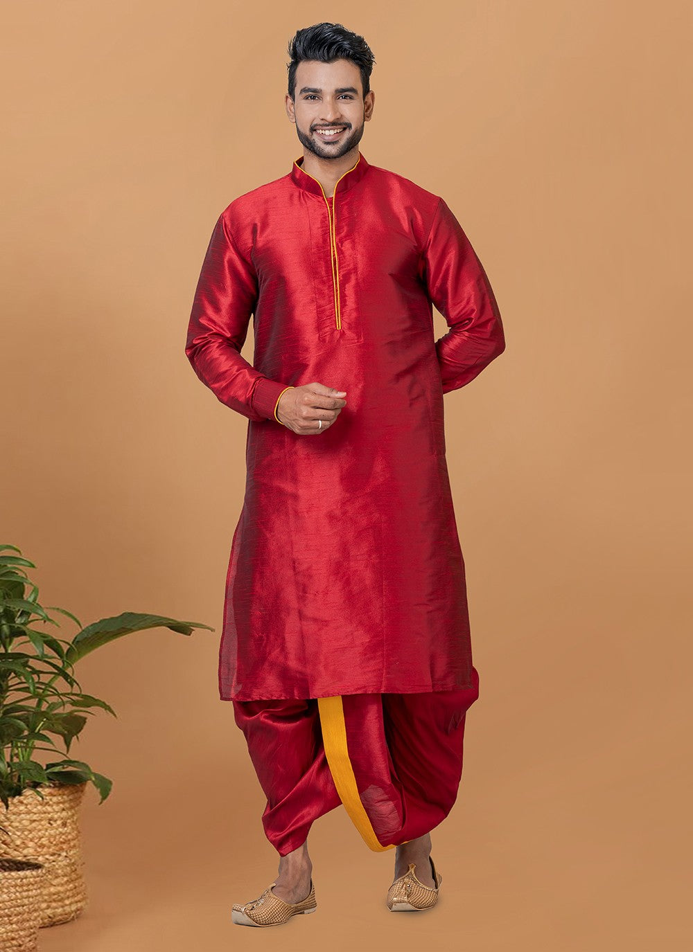 Plain Banarasi Silk Red Dhoti Kurta - M5949
