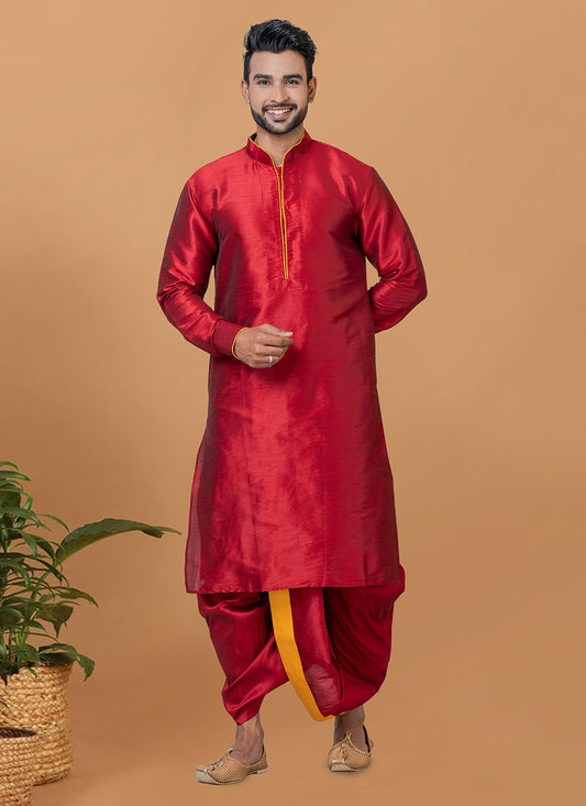 Plain Banarasi Silk Red Dhoti Kurta - M5949