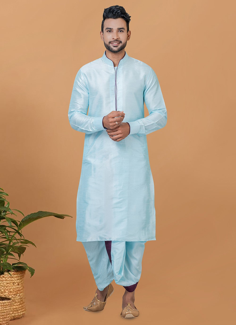 Plain Banarasi Silk Turquoise Dhoti Kurta - M5945