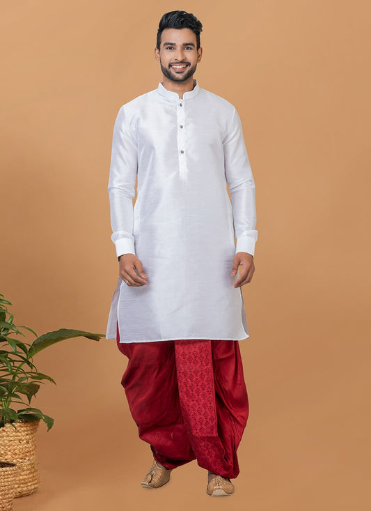 Plain Banarasi Silk White Dhoti Kurta - M5937