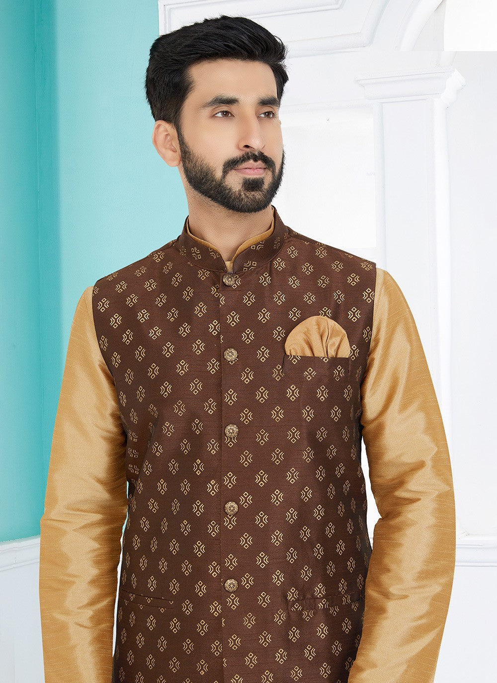 Printed Banarasi Silk Brown Nehru Jackets - M7476