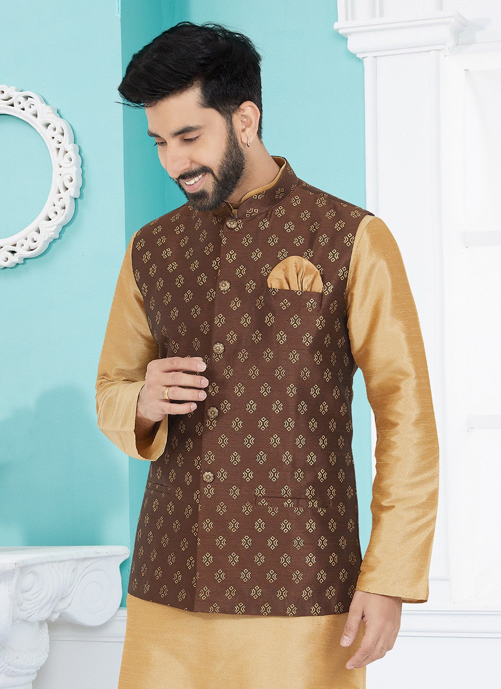 Printed Banarasi Silk Brown Nehru Jackets - M7476
