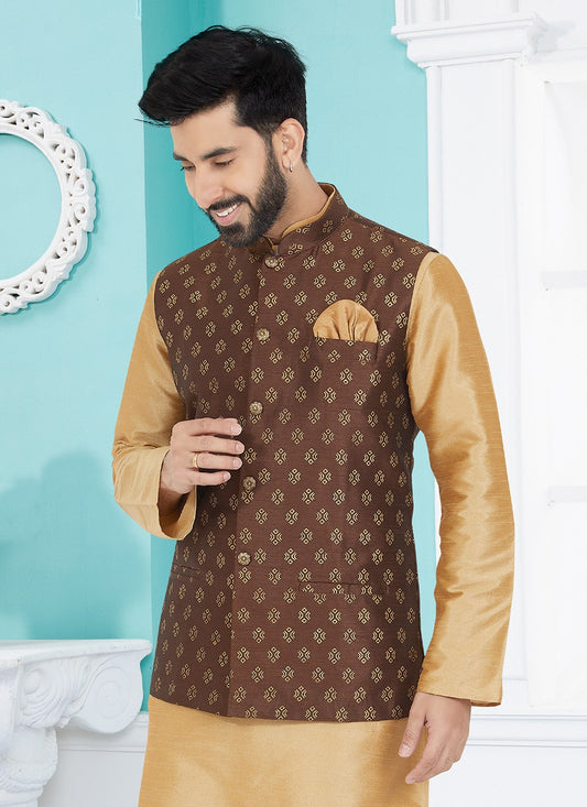 Printed Banarasi Silk Brown Nehru Jackets - M7476