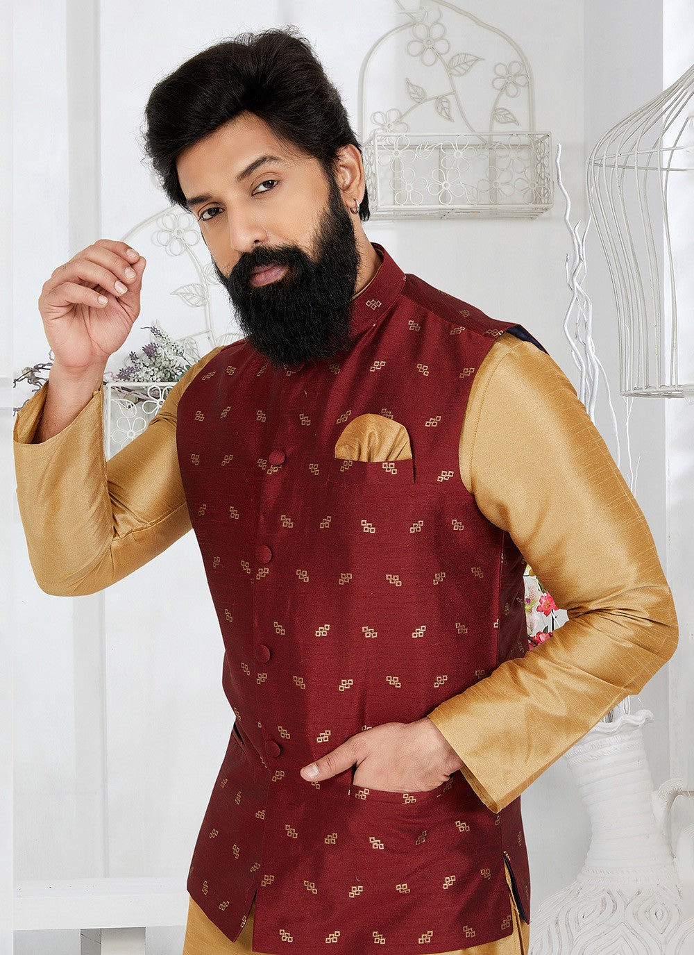 Printed Banarasi Silk Maroon Nehru Jackets - M7477
