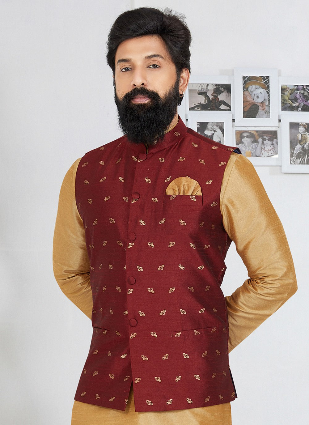 Printed Banarasi Silk Maroon Nehru Jackets - M7477
