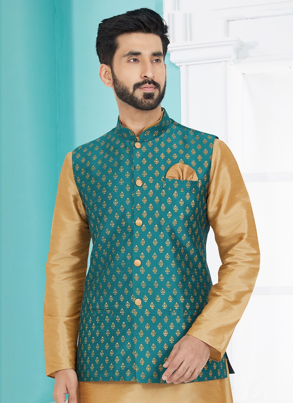Printed Banarasi Silk Rama Nehru Jackets - M7485