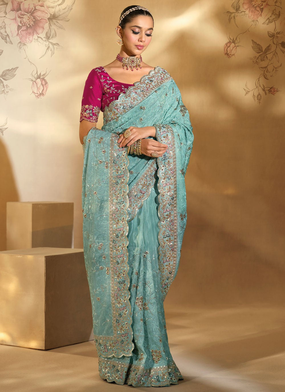 Sea Green Banarasi Silk Classic Saree Lucknowi Work S20153