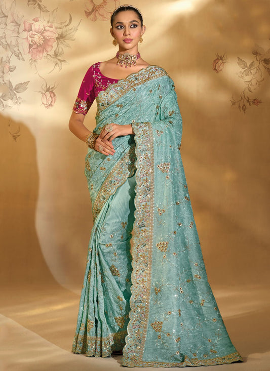 Sea Green Banarasi Silk Classic Saree Lucknowi Work S20153