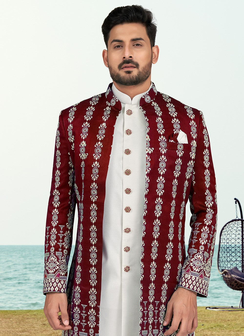 Machine Embroidery Banarasi Silk Maroon, Off White Sherwani - M6769