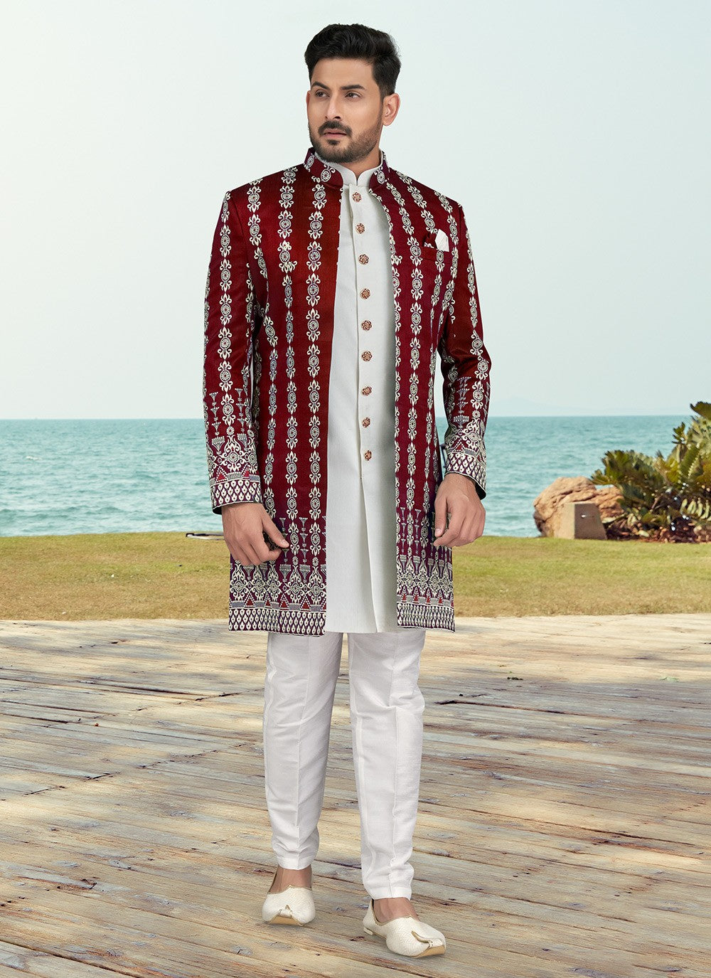 Machine Embroidery Banarasi Silk Maroon, Off White Sherwani - M6769