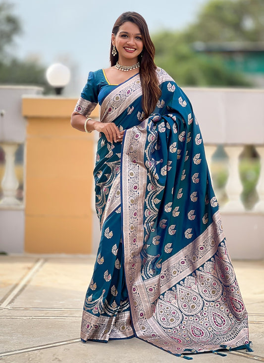 Teal Banarasi Silk Contemporary Saree Jacquard Work, Woven S18534