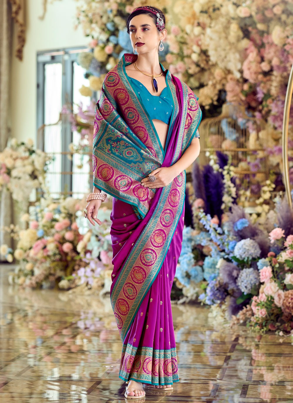 Traditional Weaving Zari Magenta, Purple Banarasi Silk Saree S13542