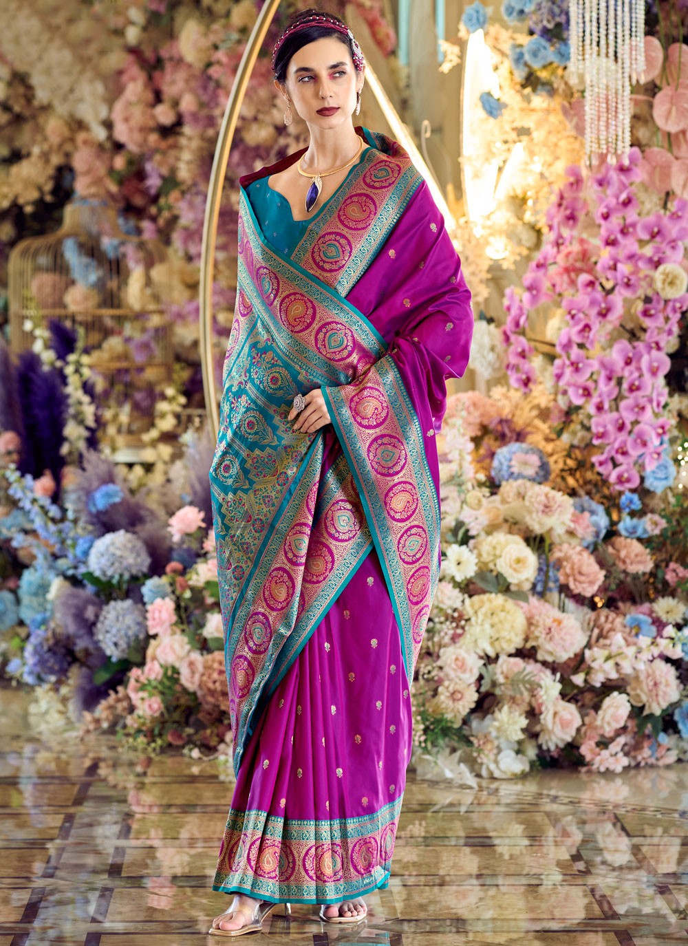 Traditional Weaving Zari Magenta, Purple Banarasi Silk Saree S13542