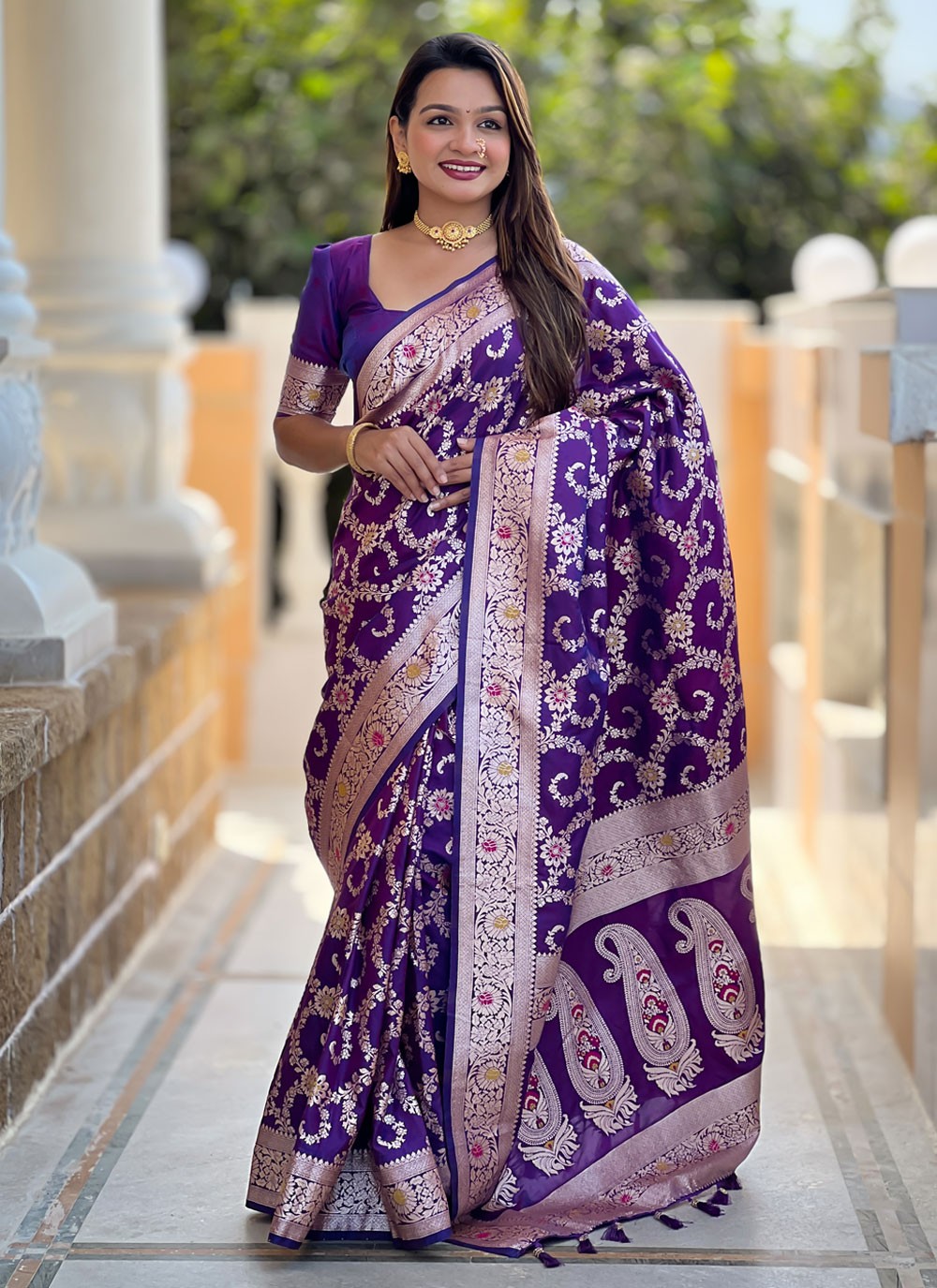 Meenakari Banarasi Silk Violet Saree S14400