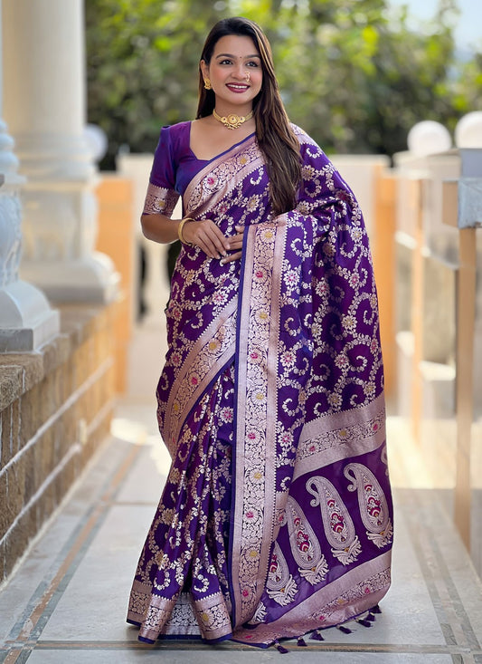 Meenakari Banarasi Silk Violet Saree S14400