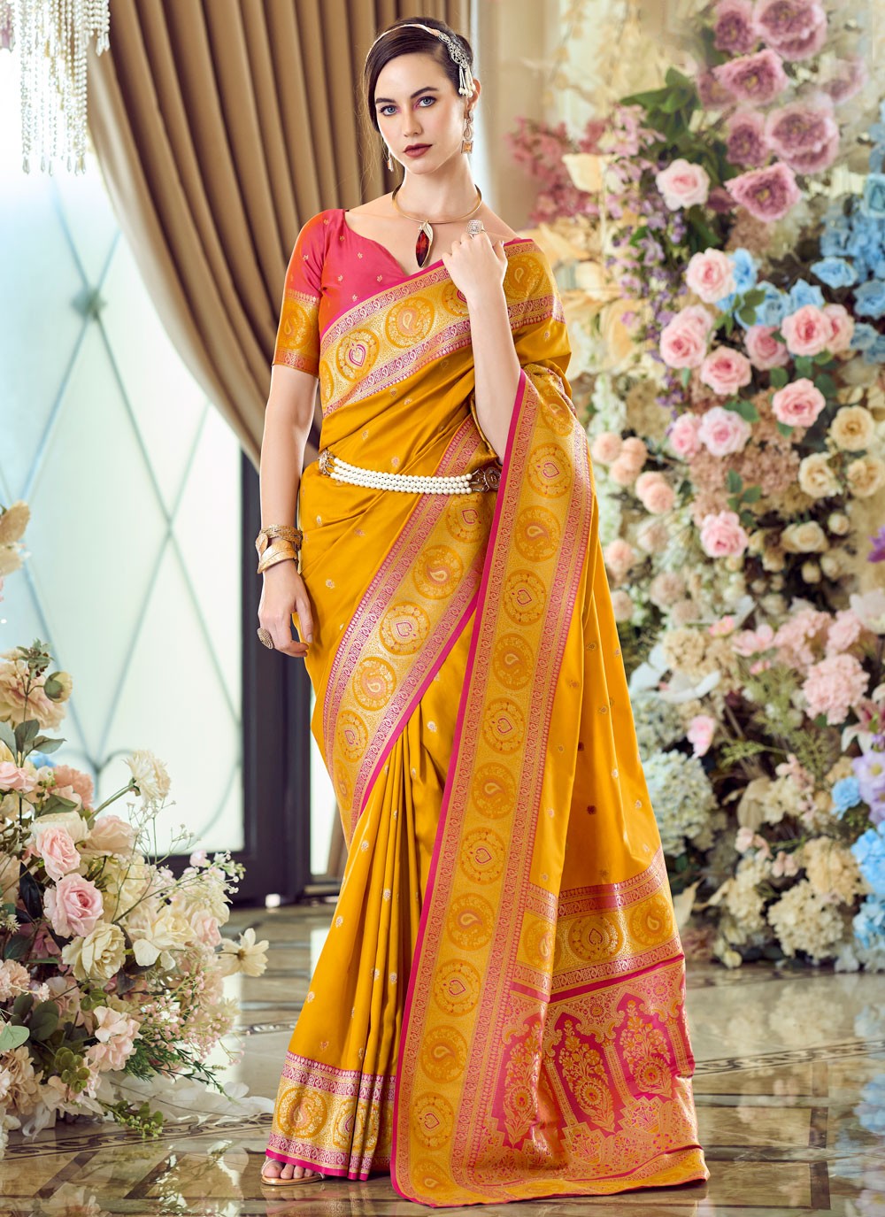 Trendy Saree Weaving Zari Mustard Banarasi Silk Saree S13543