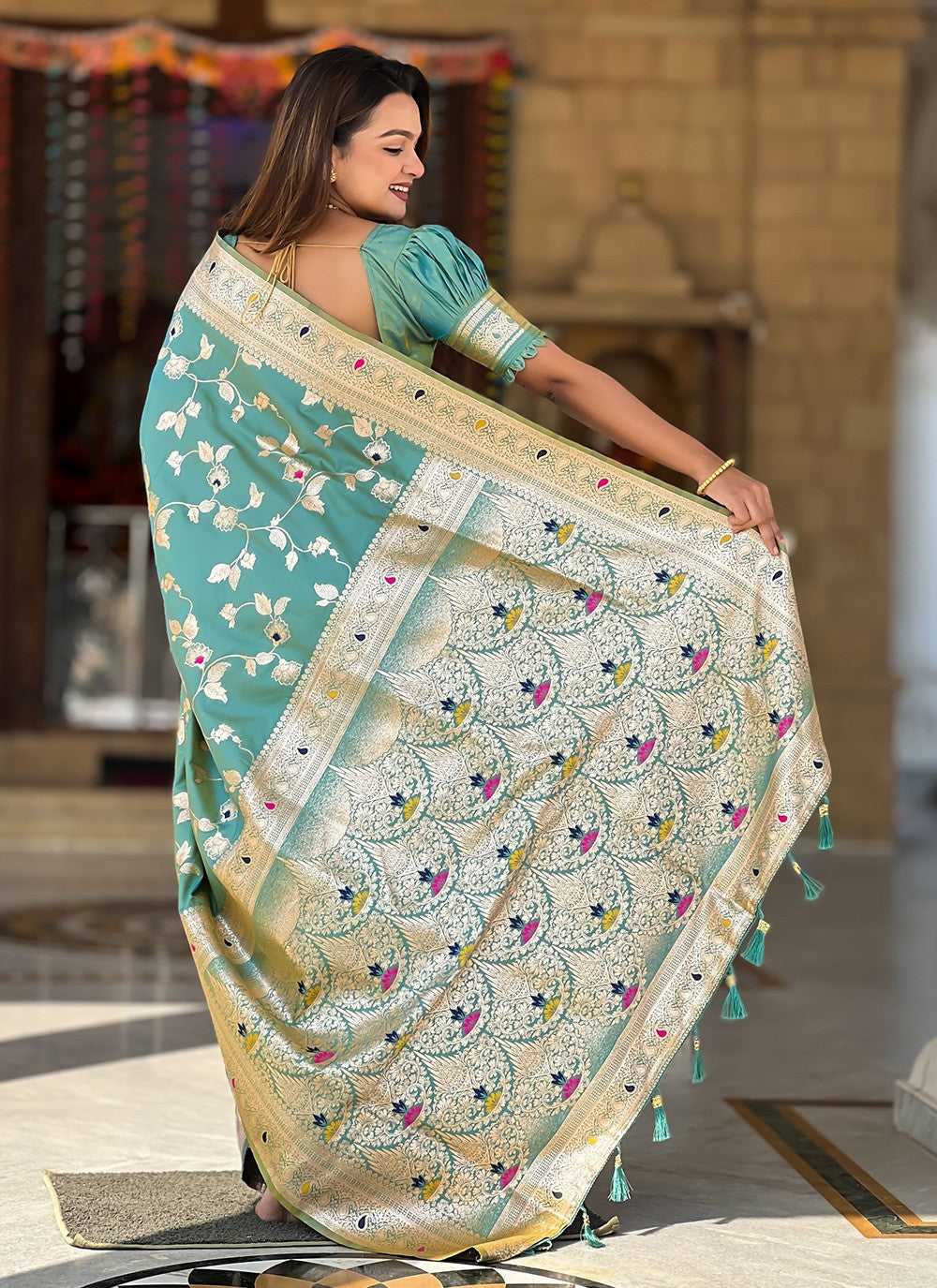 Sea Green Banarasi Silk Trendy Saree Jacquard Work, Woven S16587