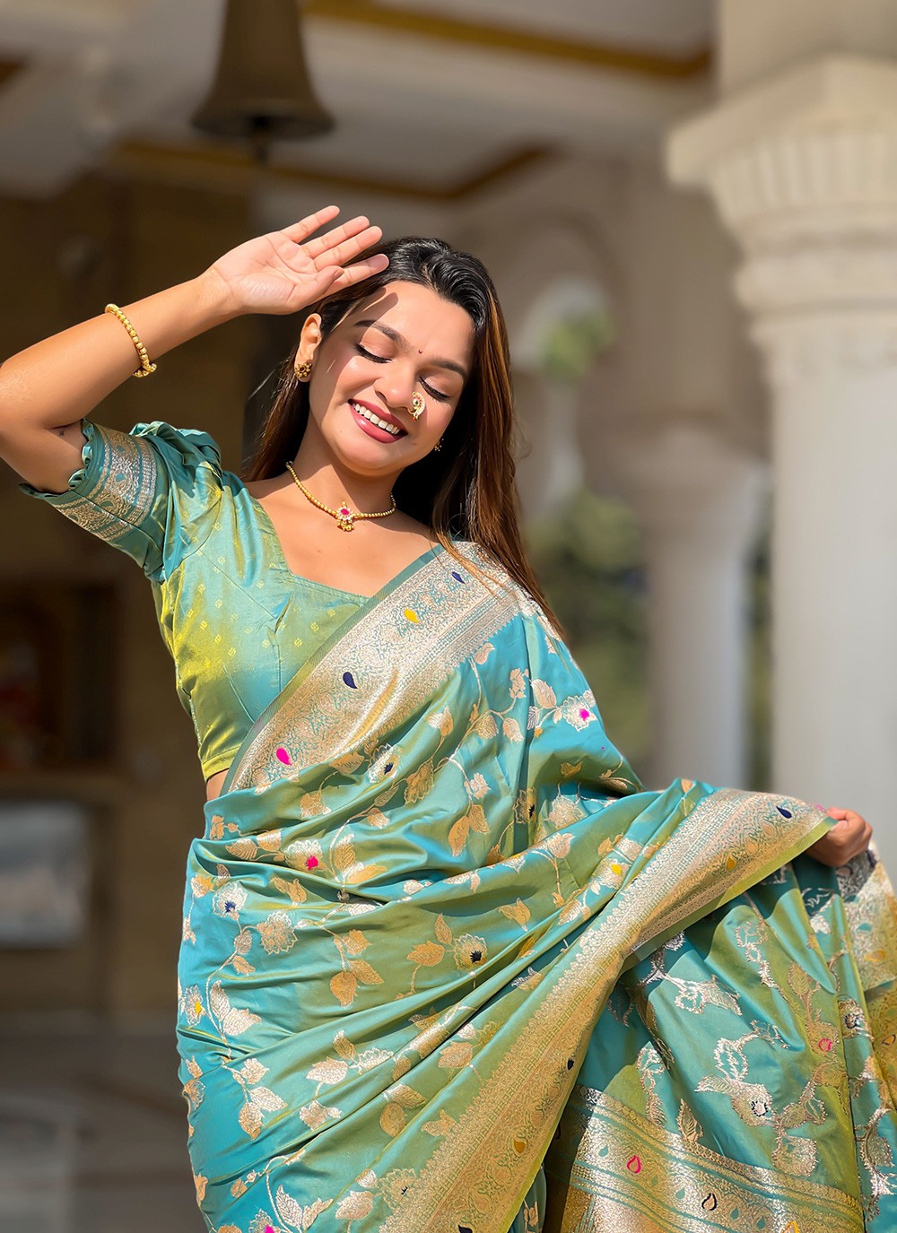 Sea Green Banarasi Silk Trendy Saree Jacquard Work, Woven S16587
