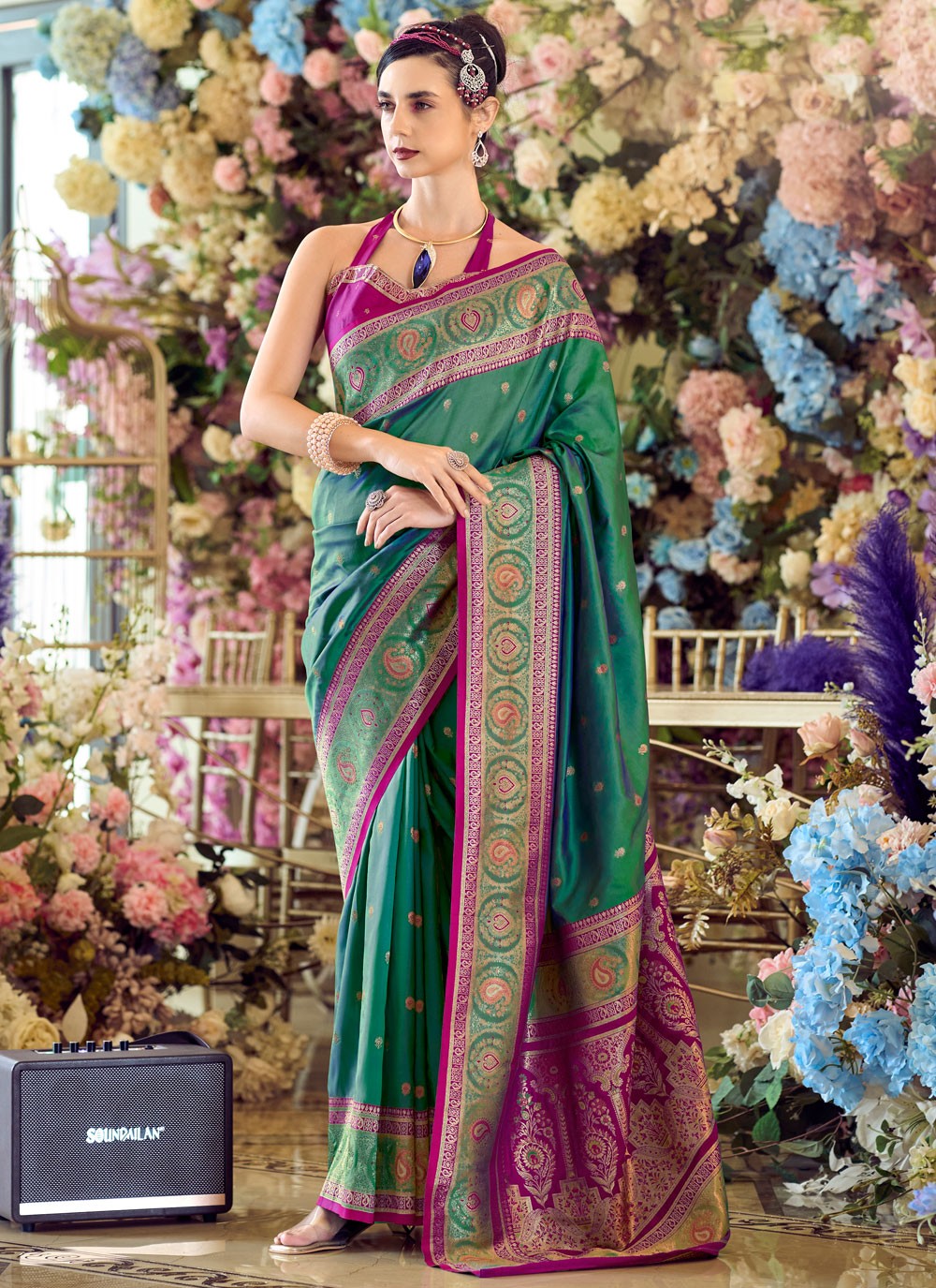 Contemporary Weaving Zari Green, Teal Banarasi Silk Saree S13545