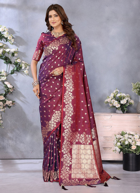 Wine Banarasi Silk Contemporary Saree Jacquard Work, Weaving Zari S16647