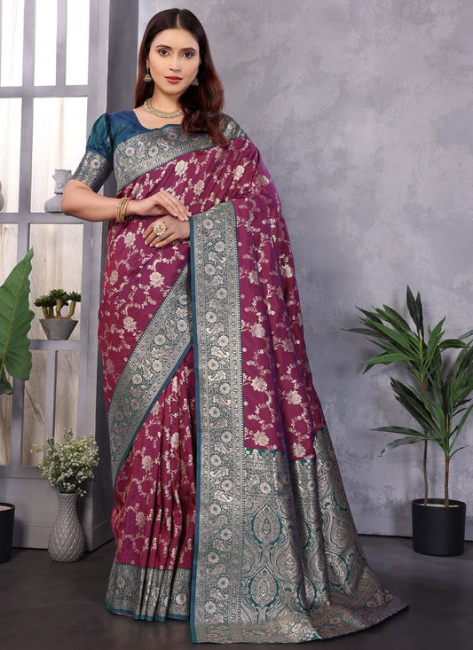Wine Banarasi Silk Designer Saree Weaving Zari S17662