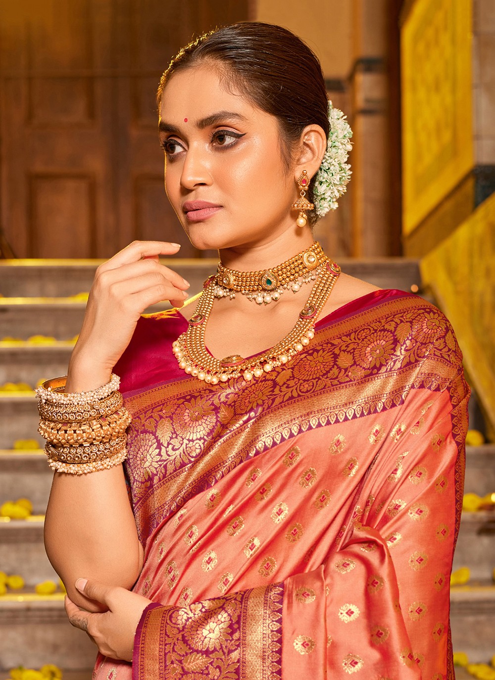 Peach Banarasi Silk Trendy Saree Weaving Zari S18758