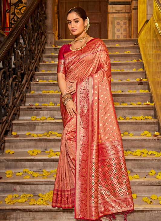 Peach Banarasi Silk Trendy Saree Weaving Zari S18758