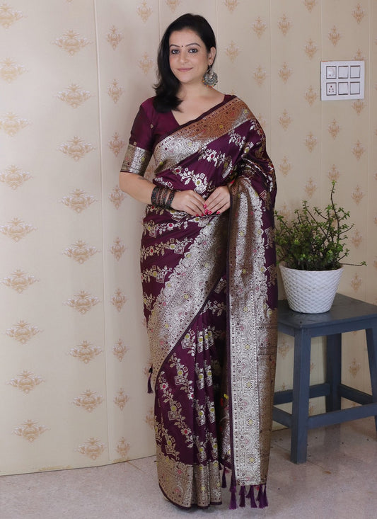 Wine Banarasi Silk Classic Saree Woven S19530