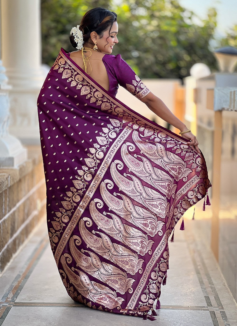 Wine Banarasi Silk Contemporary Saree Woven S17148