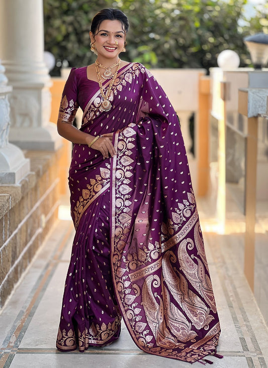 Wine Banarasi Silk Contemporary Saree Woven S17148