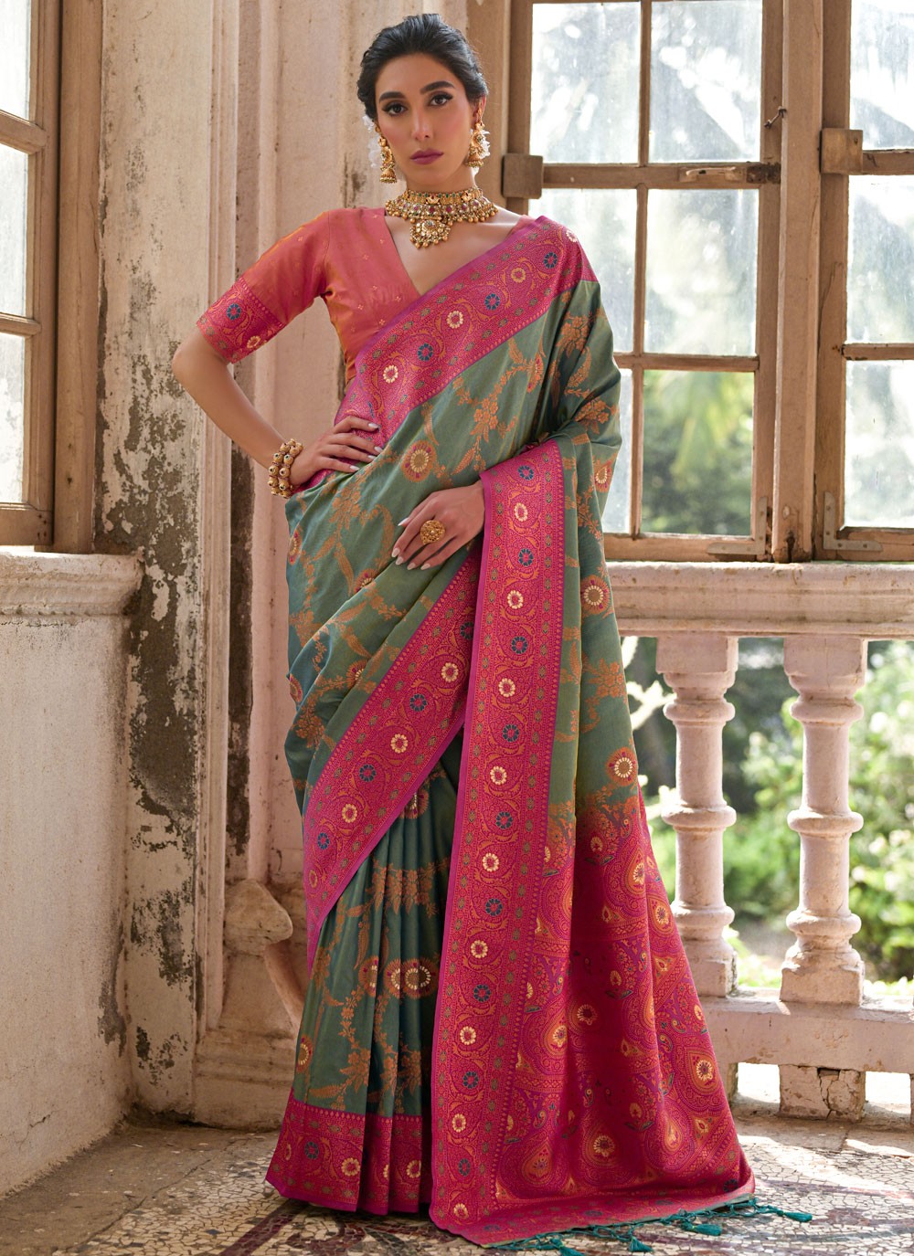 Classic Saree Woven Rama Banarasi Silk S13012
