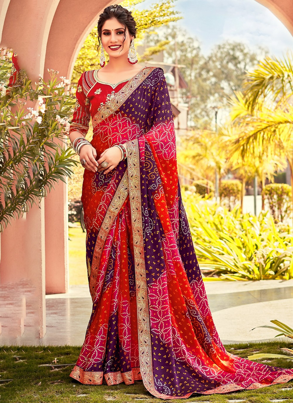 Contemporary Bandhej Chiffon, Georgette Saree - S3810