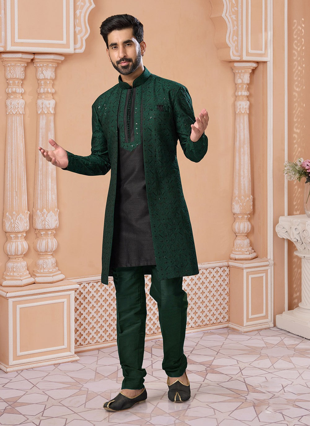 Embroidered Banglori Silk Black, Green Indo Western Sherwani - M7151