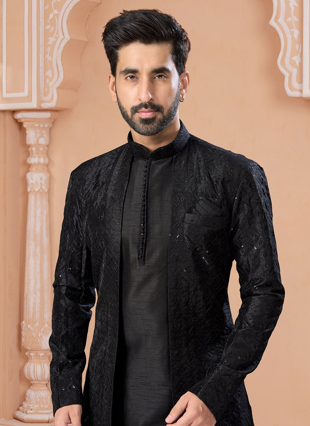 Machine Embroidery Banglori Silk Black Indo Western Sherwani - M7156