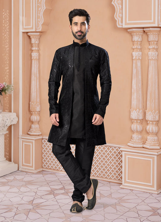 Machine Embroidery Banglori Silk Black Indo Western Sherwani - M7156