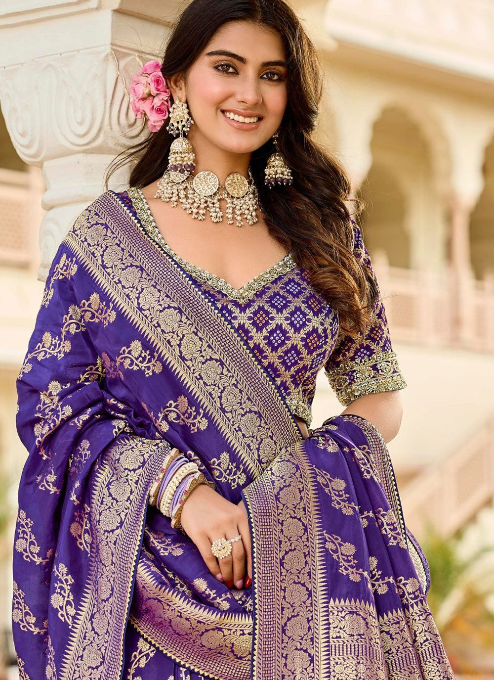 Purple Faux Crepe Traditional Saree Beads S19769