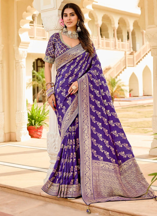 Purple Faux Crepe Traditional Saree Beads S19769