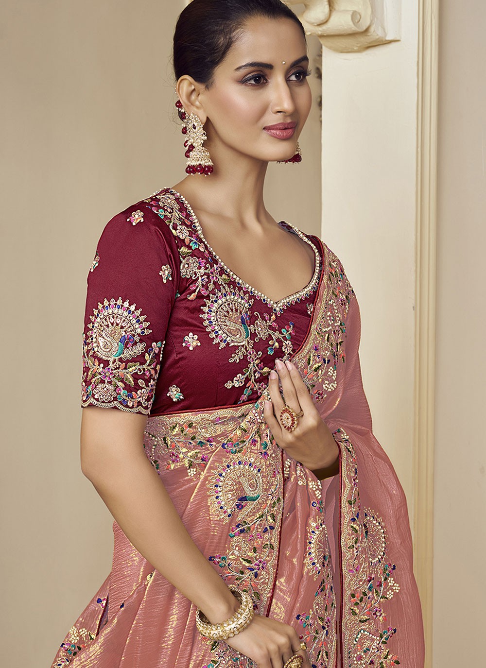 Traditional Beads Pink, Rust Georgette Saree S12381