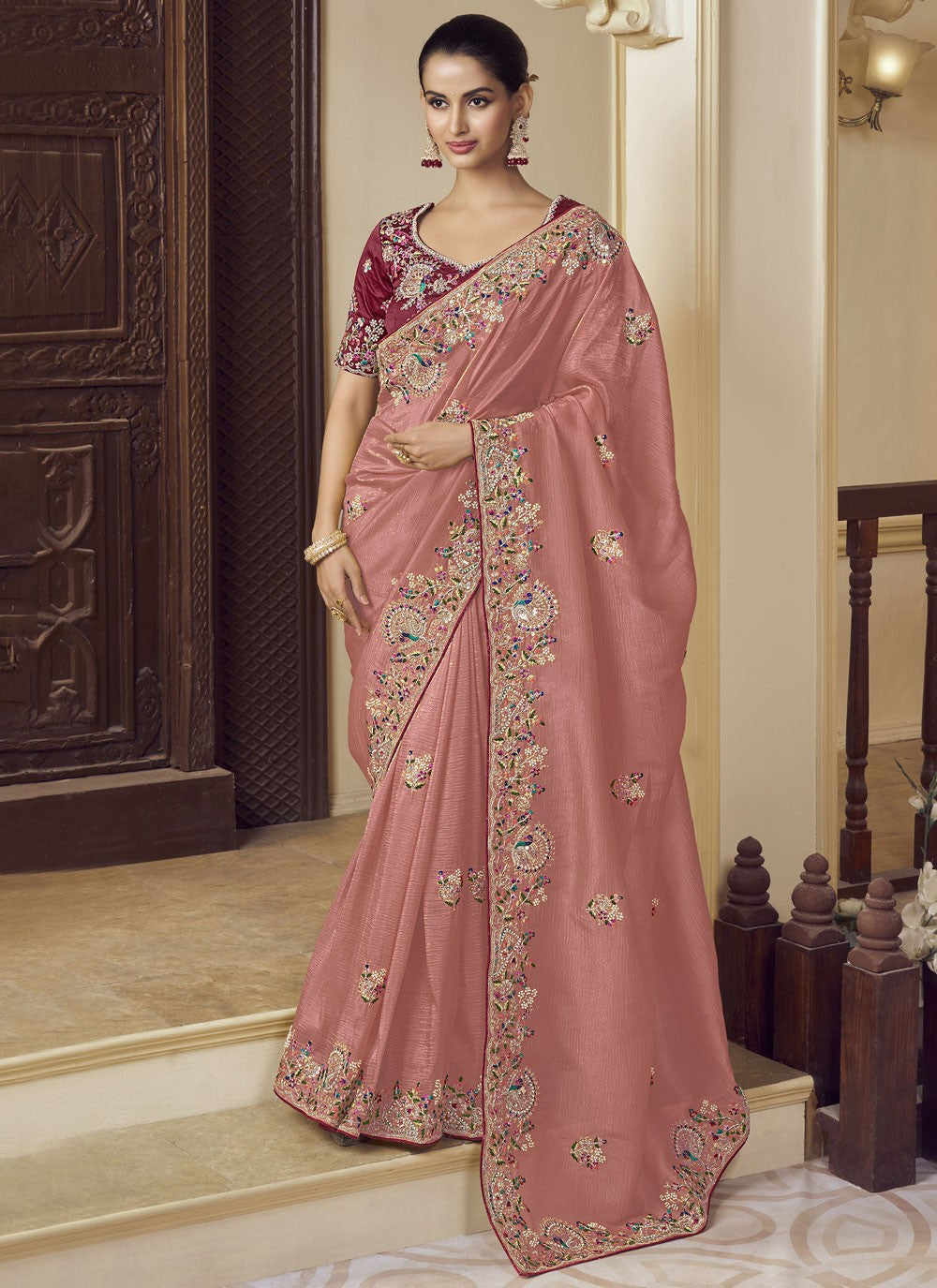 Traditional Beads Pink, Rust Georgette Saree S12381