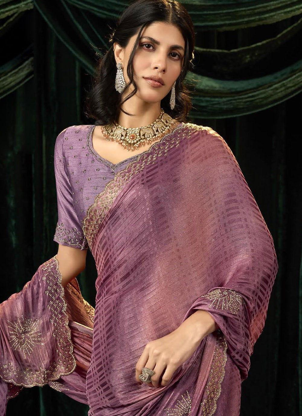 Purple Silk Designer Saree Beads, Border Work, Thread S19291