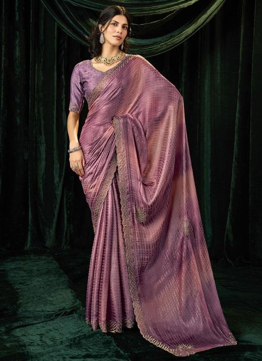 Purple Silk Designer Saree Beads, Border Work, Thread S19291