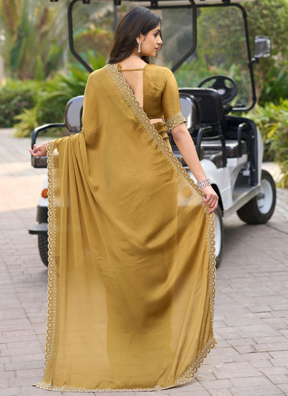 Beads Chiffon Satin Khaki Saree S14547