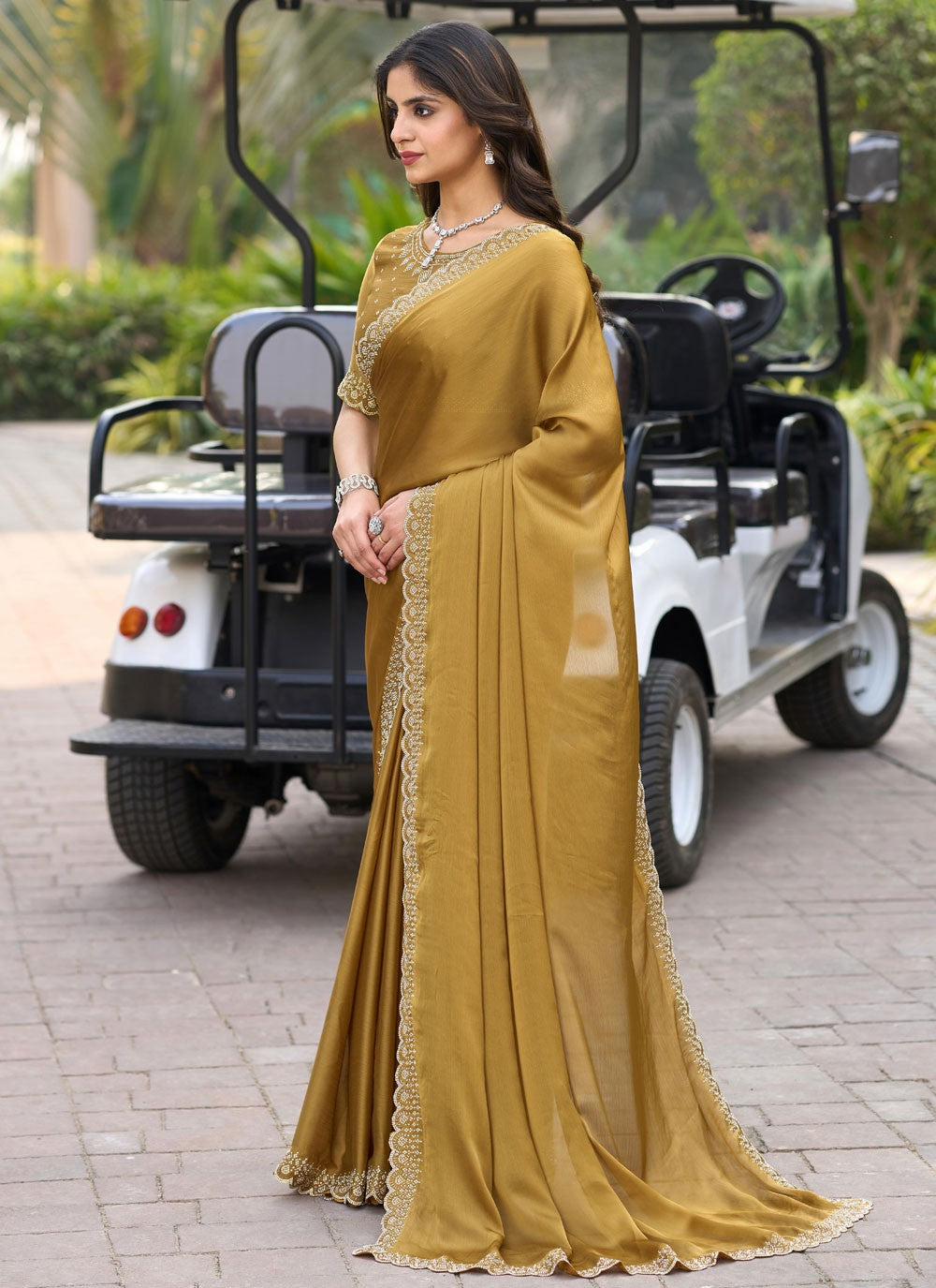 Beads Chiffon Satin Khaki Saree S14547