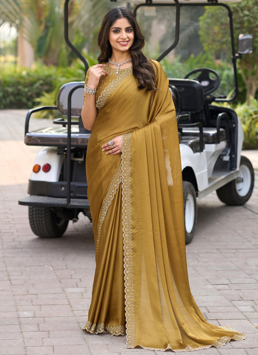 Beads Chiffon Satin Khaki Saree S14547