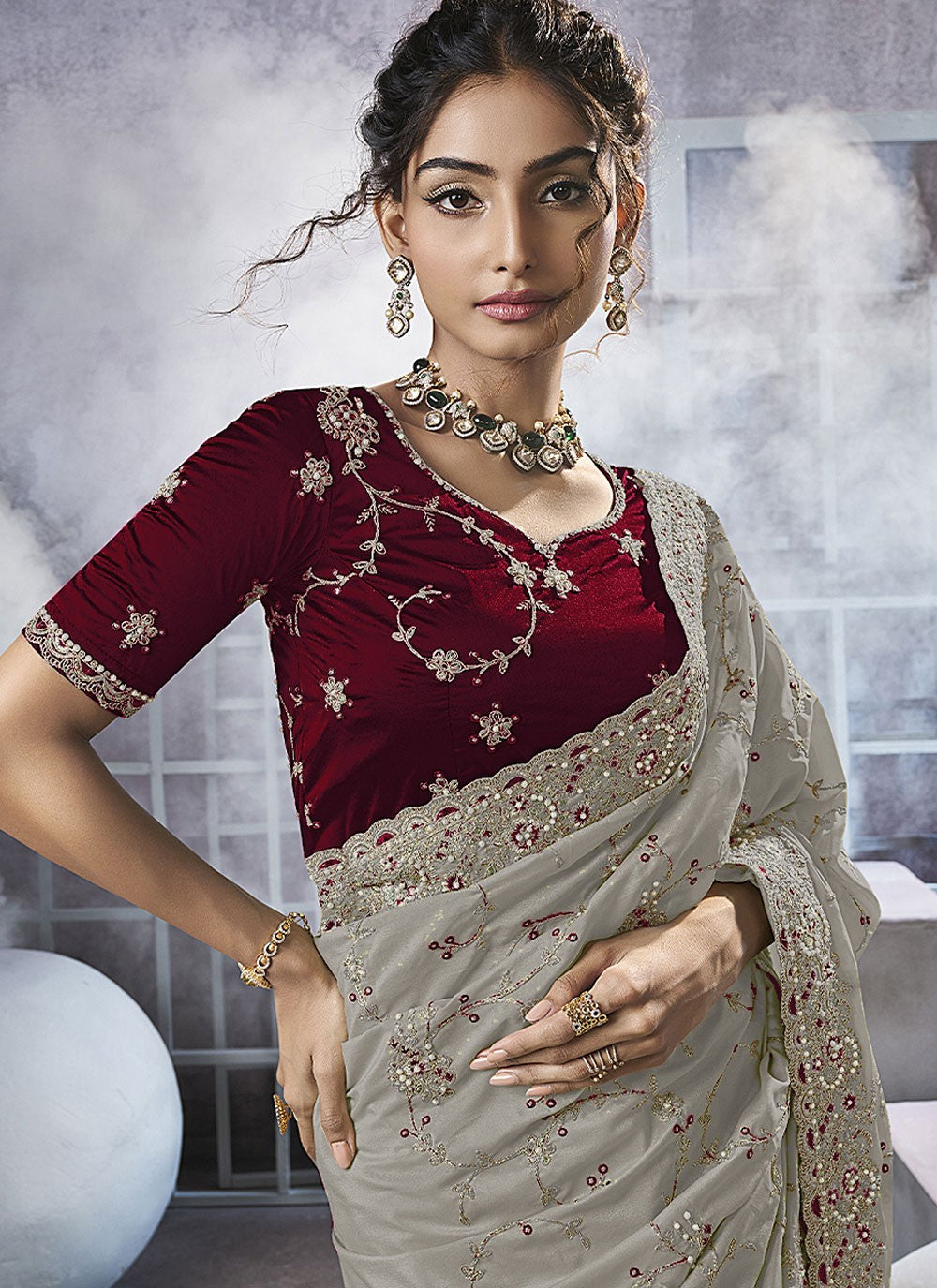 Grey Georgette Designer Saree Beads, Cord, Embroidered, Thread, Zari S15787