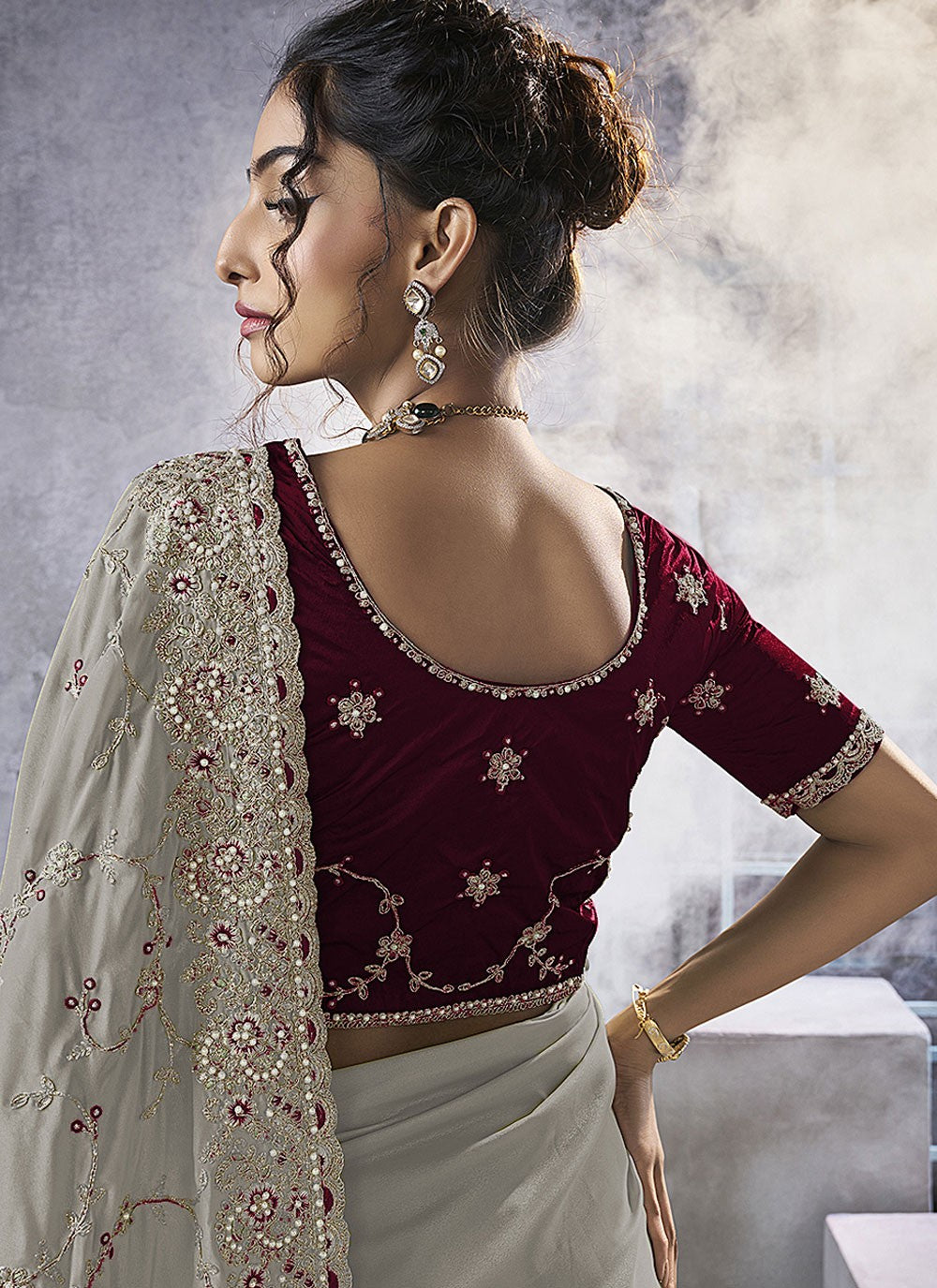 Grey Georgette Designer Saree Beads, Cord, Embroidered, Thread, Zari S15787